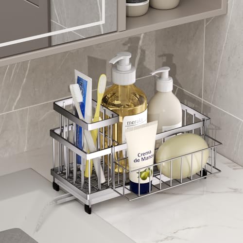 SWTYMIKI Sink Caddy Sponge Holder - Large Sponge Holder for Kitchen Sink with 360°Auto-Drain Tray, Rustproof Stainless Steel Kitchen Organizer Caddy for Countertop Organization - color: Silver-basket