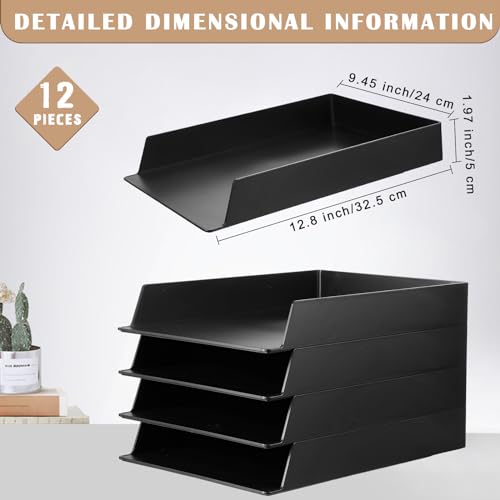 Wenqik 12 Pcs Stackable Paper Trays Rectangular Plastic Desk Holder Desktop Document File Organizer Storage Letter for Office Classroom (Black) - color: Black