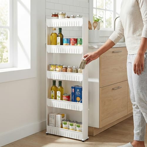 Slim Rolling Storage Cart - 5-Tier Utility Cart with Wheels for Bathroom, Kitchen, and Laundry Room - Bathroom Shelves by Lavish Home (White) - size: 5-Tier