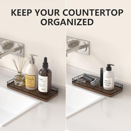 Bathroom Tray for Counter Top Organizer – Oak Wood Vanity Tray with Metal Frame for Dresser, Kitchen, Nightstand – Black & Brown Decorative Storage - color: Black & Brown, size: 11" x 4.5" x 1.5"
