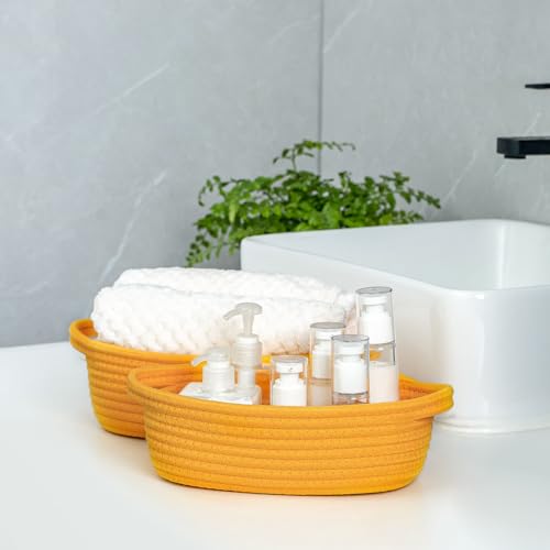 CubesLand Small Cotton Rope Storage Basket Set 5, Shelves Baskets for Organizing with Handle, Decorative Closet Storage Bins for Countertop Toilet Paper Basket for Toilet Tank Top,Yellow Basket - color: Yellow
