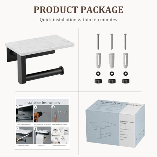 BWE Matte Black Toilet Paper Holder with Marble Shelf, Toilet Paper Roll Holder Wall Mounted, Toilet Paper Roll Holder with Phone Shelf 304 Stainless Steel Tissue Holder for Bathroom Washroom - color: Black