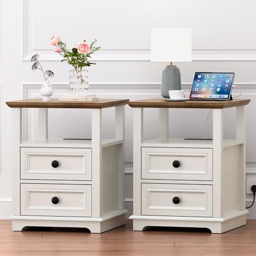 REDAYFUR 18" Wide End Table with Fast Charging Station Set of 2, 18” Wide Sofa End Table with Drawers,Storage Rustic Wood Storage Cabinet,Sofa Table for Living Room,White - color: Rustic White, size: 1 Set