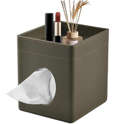 Tissue Box Cover Square Tissue Box Holder PU Leather Facial Tissues Organizer with Storage Tray for Bathroom Vanity Bedroom Office Car,Stylish Napkin Caddy Decorative Organizer (Olive-Green) - color: Olive-green