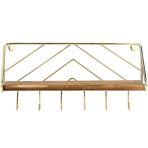 MyGift 12.5 Inch Burnt Solid Wood Hanging Display Shelf and Key Holder Rack, Wall Mounted Entryway Organizer with Brass Tone Metal Wire Chevron Design 6 Hooks