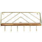MyGift 12.5 Inch Burnt Solid Wood Hanging Display Shelf and Key Holder Rack, Wall Mounted Entryway Organizer with Brass Tone Metal Wire Chevron Design 6 Hooks