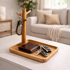 Acacia Wood Key Tray for Entryway Table, Wooden Catchall Organizer with Jewelry Storage Rack, Valet Tray for Keys Wallet Watches Sunglasses Rings(Square) - style: Square