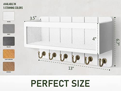 Rebee Vision Farmhouse Key Holder for Wall with Mail Organizer : Decorative Mesh Basket with 6 Sturdy Key Hooks – Wall Mount Home Decor for Office，Entryway, Hallway, Apartment (Rustic White) - color: White