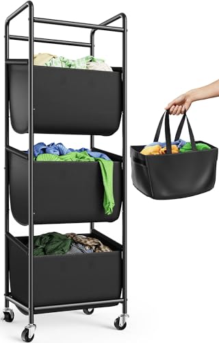 3 Section Laundry Sorter with Removable Bags, 120L Rolling Vertical Laundry Hamper, Stackable Laundry Baskets organizer for Bathroom, Apartment, Dorm (Black, With Wheel) - color: Black, size: With Wheel