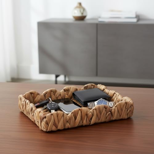 Rustic Wicker Key Basket for Entryway Table, Handwoven Valet Catchall Tray for Dresser, Decorative Petal-Arc Border Trays for Keys Wallet & More, 12"x8"