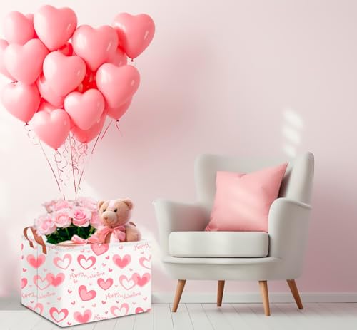 CLOCOR Rectangular Pink Valentines' Gift Basket Collapsible Cute Pattern Storage Bin,Waterproof Books Box with Handles,Storage Basket(Pink Happy Valentine) - color: Pink Happy Valentine