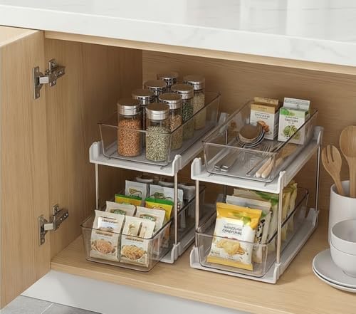 2 Pack Bathroom Organizer,2 Tier White Under Sink Organizers Vanity Countertop Storage Container,Cabinet Drawers Bins, Pull-Out Organization with Track for Pantry, Kitchen - color: White, size: 2 Pack