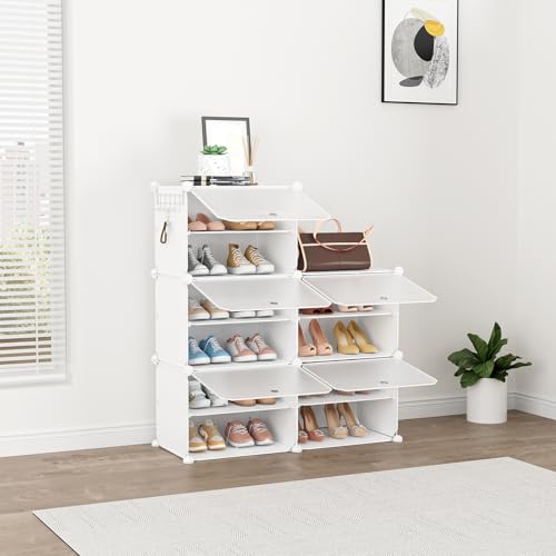 Shoe Rack 10 Tier Shoe Storage Cabinet with Door 20 Pair Tall Shoes Rack Organizer Free Standing Expandable Stable Plastic Easy Assembly Shoes Shelf for Closet Hallway Entryway Bedroom White - size: 16" Wide-20 Pairs