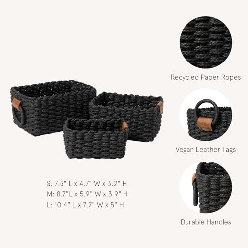 LA JOLIE MUSE Small Wicker Baskets for Organizing, Recycled Paper Rope Storage Basket Container Bins for Shelves Bathroom Cupboards Drawer, Decorative Square Basket Organizer Set of 3, Black - color: Ebony Black