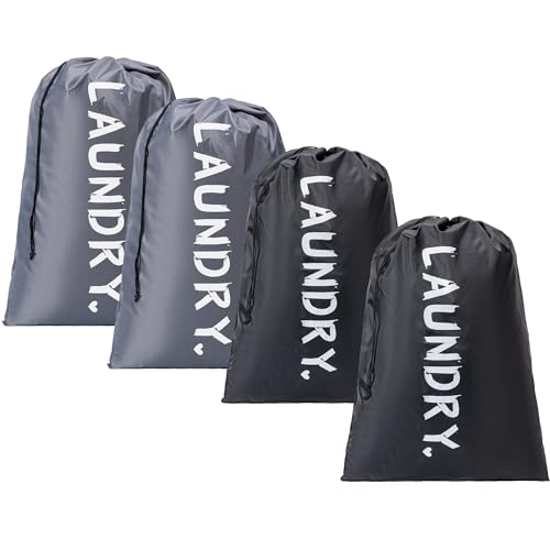 4 Pack XL Travel Laundry Bag, Machine Washable Dirty Clothes Organizer with Drawstring,Large Enough to Hold 4 Loads of Laundry, Easy Fit a Laundry Hamper or Basket Travel Essentials 24" x 36" - color: Grey+Black, size: 24"x36" |4 Pack