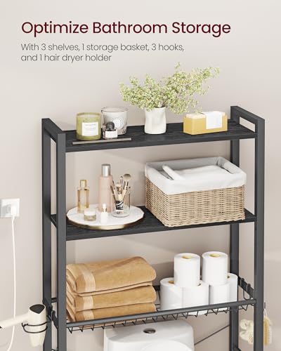 VASAGLE Over the Toilet Storage, Over Toilet Bathroom Organizer with Adjustable Shelves and Basket, 3 Hooks, Space Saving, 9.4 x 23.6 x 63 Inches, Ebony Black UBTS113BE01S - color: Ebony Black, style: 3 Tiers (63" H)