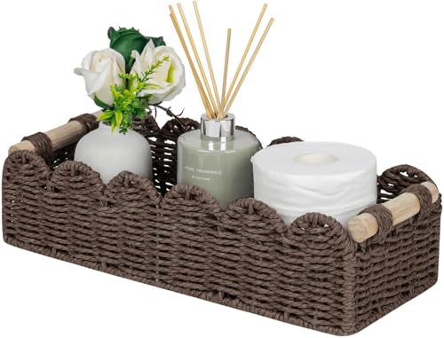 CubesLand Paper Rope Scalloped Edge Shelves Storage Basket, Woven Toilet Paper Baskets for Over Toilet Storage Shelf, Ending Table, Floating Shelves Organizing or Home Décor, with Wood Handle, Brown - color: Brown, size: M - 14"L x 6.3"W x 3.9"H