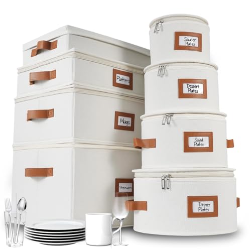 HOMELUX THEORY Hard Shell China Storage Containers, 8pc Ivory Mug & Plate Storage Box, Kitchen Storage Bins W/Lids, Heavy Duty Moving Box with Handles for Dishes, Glassware, Silverware, Cup & Mug - color: Ivory, size: 1. Full Storage Set - 8 Piece