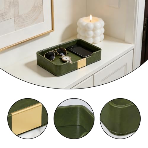 Green Luxury Leather Jewelry Tray - Stylish Desk Accessories & Nightstand Organizer for Holding Jewelry, Watch, Keys, Phone & Wallet (Entryway/Desktop Decor)