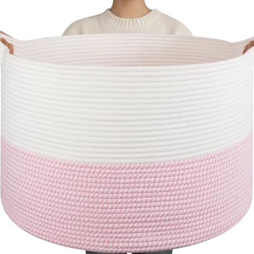 OIAHOMY 115L Extra Large Blanket Basket, 23.6" x 15.4" Woven Cotton Rope Laundry Basket for Organizing Pillows, Decorative Stuffed Animal Toy Storage Bin for Nursery, White and Pink - color: White and Pink, size: 23.6"D x 15.4"H
