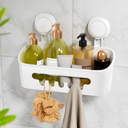 LEVERLOC Shower Caddy Suction Cup, Shower Organizer Removable Bathroom Shelf, Storage Suction Powerful Max Hold 22lbs Bathroom Caddy Waterproof Holder, White - color: white, size: 1 x Medium