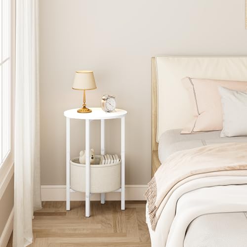 Vagusicc Round Side Table End Table with Storage Basket, Small Side Table Round Nightstand for Small Spaces, Tall Oval End Table with Steel Frame, Coffee Bedside Table for Living Room Bedroom, White - color: White