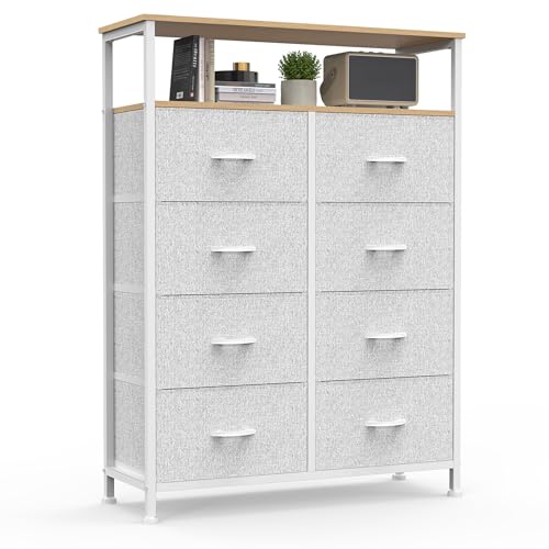 DUMOS Fabric Dresser for Bedroom with 8 Drawers, Tall 8-Drawer Chest of Drawers with Raised Shelf, Storage Tower with Fabric Bins for Closet Organization, Hallway Storage, Light Grey - color: Light Grey, size: 31.5"D x 45.9"W x 11.8"H (8 Drawers)
