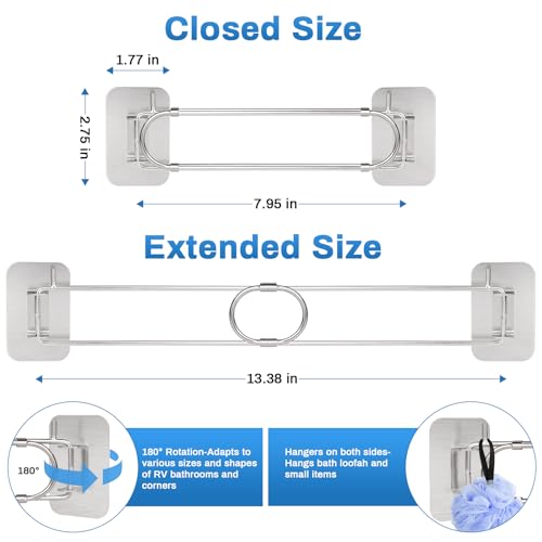 Sanchamy Upgraded RV Shower Corner Storage Bar Adjustable Stainless Steel RV Corner Storage Bar for Shower 7"-13" Rod with Rotatable Angle and Hook for Bathroom in RV/Camper/Travel Trailer-2 Packs