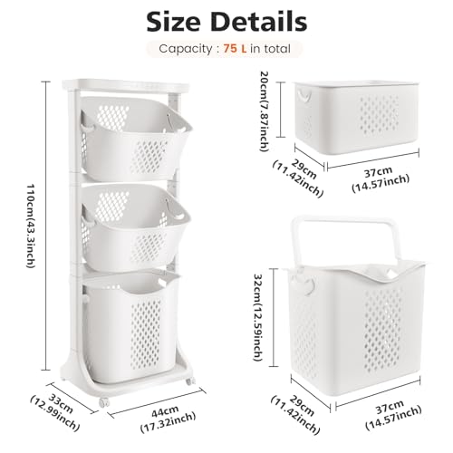 BAOKALER Rolling Laundry Hamper Cart with Wheels, 3 Tier White Laundry Baskets, Clothes Hamper with Portable Storage Baskets for Kitchens, Bathrooms, Bedrooms, Classrooms, Laundry Rooms(75L) - size: 3-layer