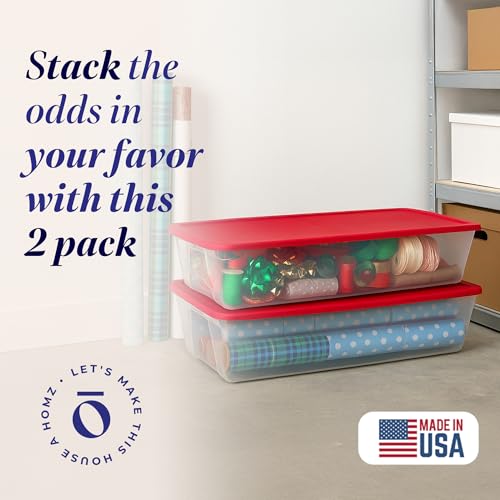 HOMZ 2-Pack Holiday Tote, Clear Plastic Storage Organizer Bins with Lids, 41 Quart, Red - Stackable Organizing Containers for Christmas Ornament Decorations, Gift Wraps, and Crafts - size: 2 Pack