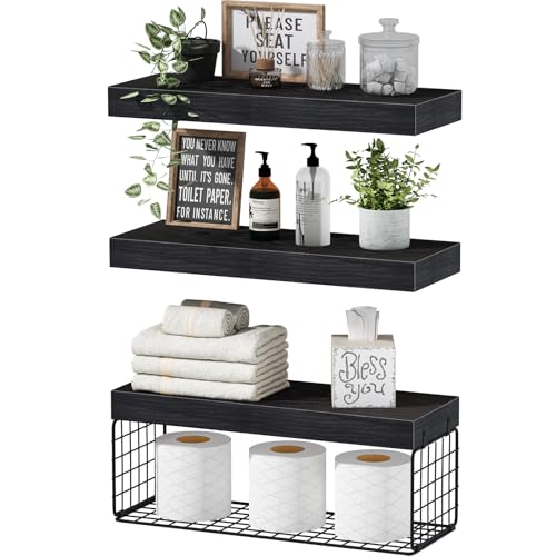 QEEIG Bathroom Shelves Over Toilet - Wall Mounted Floating Shelves Toilet Paper Storage Small Farmhouse Decor Shelf 16 inch Set of 3, Black (019-B3) - color: C. Black, size: 3pcs