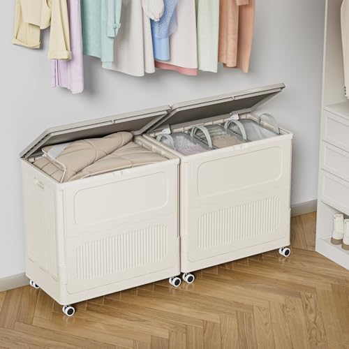 HAIXIN HOME 130L Plastic Laundry Hamper with 3 Soft Bags, Foldable Rolling Clothes Laundry Basket with Lid for Bedroom, Bathroom, Dorm, Heavy Duty Clothes Organizer with Wheels for Bedding, Blankets - color: Milky, size: 130L with 3 Soft Bags