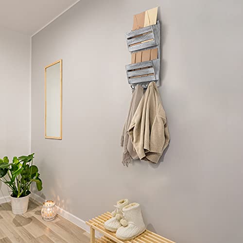 BTY Mail Sorter Wall Mounted, Wooden Mail Holder with 4 Key Hooks, 2 Slot Letter Bills Newspaper Magazine Organizer for Entryroom Hallway Office Garage, Gray White - color: Gray White