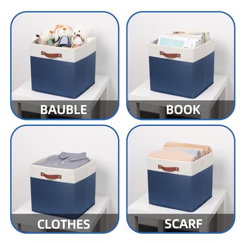 Temary Fabric Storage Bins for Cube Organizer 4 Pack Cube Storage Bins 13 Storage Cubes for Shelves Storage Baskets for Organizing Books, Clothes, Towels (White & Blue, 13x13x13 Inch) - color: White&Blue, size: 13×13×13