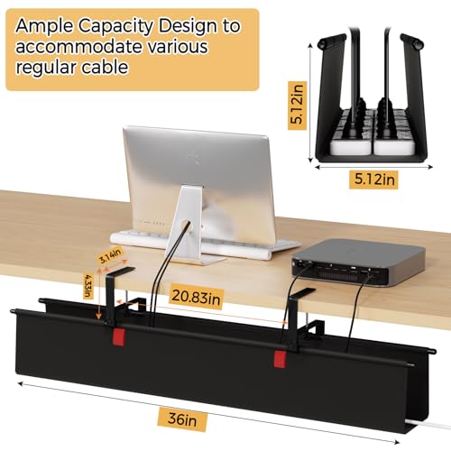 Under Desk Cable Management Tray - 36" Cord Organizer for Desk No Drill, Fabric Under Table Wire Organizer with 16X Cable Ties Hide for Office/Home, Cord Hider Fits Adapters & Sockets, Black - color: Black, size: 36'' L