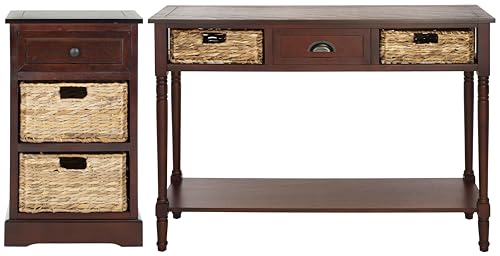SAFAVIEH Home Collection Carrie Dark Cherry / Natural Wicker 3-Drawer Storage Nightstand Side Table (Fully Assembled) - color: Dark Cherry