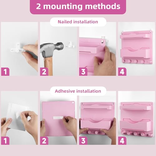 Pink Bedside Shelf Organizer - Wall Mount Phone Holder with Glasses Hook & 50 Motivational Stickers for Girls Bedroom Dorm Decor - color: Pink