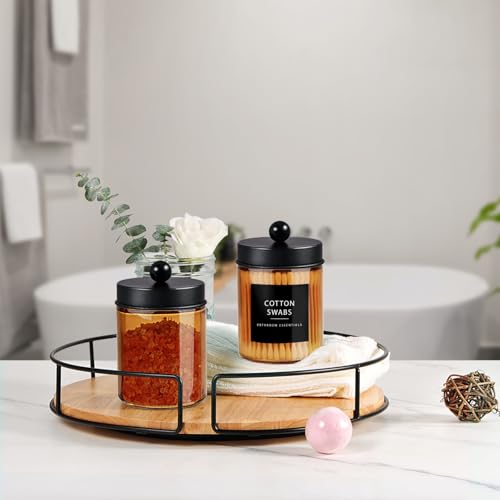 Amolliar Bronze Glass Apothecary Jar, Qtip Holder Metal Lid & Stickers, Bathroom Qtip Dispenser Storage Canister, Perfect for Cotton Balls, Cotton Swabs, Makeup Pads, Bath Salt, Floss, 4 Pack (Black) - color: Amber-Black Lid