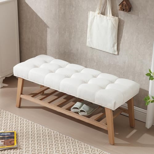 Wooden Entryway Bench for End of Bed Bench with Shoe Shelf Farmhouse Button Tufted Linen Fabric Upholstered Hallway Bench for Living Room/Bedroom/Hallway/Window Corner, Ivory - color: Ivory