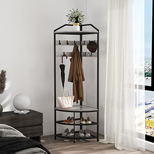 GiftGo Grey Corner Hall Tree with Shoe Bench Entryway Coat Rack with 10 Metal Movable Hooks Rustic Farmhouse Floorstanding Clothes Rack Shoes Shelf Organizer for Home Office Bedroom (Greige) - color: Greige