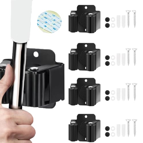 4Pcs peel and stick mop and broom holder wall mount Stainless Steel Heavy Duty Mop Holder Broom Hanger Wall with Screws, Garden Outdoor Tool Organizer Rack Broom Hanger