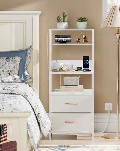Furnulem Night Stand, Tall White Nightstand with 4-Tier Shelves, 2 PU Fabric Drawers and Led Lights, Bed Side Tables with Charging Station, Bedside Table for Bedroom - color: White, size: 2 Drawer