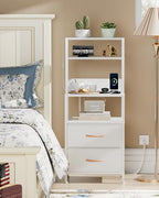Furnulem Night Stand, Tall White Nightstand with 4-Tier Shelves, 2 PU Fabric Drawers and Led Lights, Bed Side Tables with Charging Station, Bedside Table for Bedroom - color: White, size: 2 Drawer