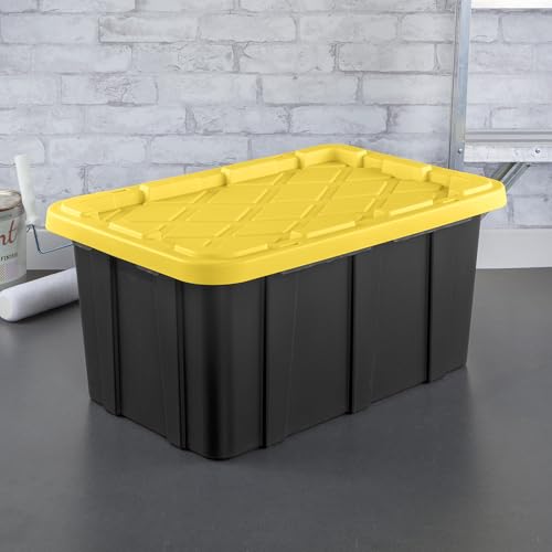 Sterilite 17 Gal Industrial Tote, Stackable Storage Bin with Snap-Fit Lid for Garage, Basement & Attic Storage, Black Base and Yellow Lily Lid, 6-Pack - size: 17 Gallon