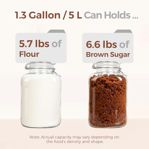 ComSaf 5L Square Glass Jars with Airtight Lids (1.3 Gallon, Set of 2), Space-Saving Canisters for Bulk Flour & Rice Storage, Ideal for Large-Batch Fermenting, Pickling & Kombucha - size: 1.3 Gal*2