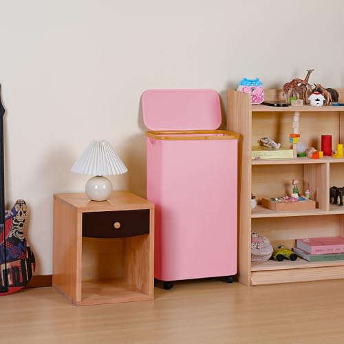 Slim Laundry Basket with Wheels,Narrow Hampers for Laundry,Freestanding Laundry Hamper with Lid&Bamboo Handles,Collapsible & Waterproof Tall Cloth Hamper for Dorm Family(60L Pink) - color: Pink, size: 60L with Wheels