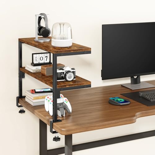 IBUYKE Clamp on Desk Shelf, 22.8” Large Desk Extender Shelves,Tool-Free Flexible Repositioning and Adjustable 2-Tier Storage Shelves for Desktop Accessories Below Desk TMZ010H - color: Brown