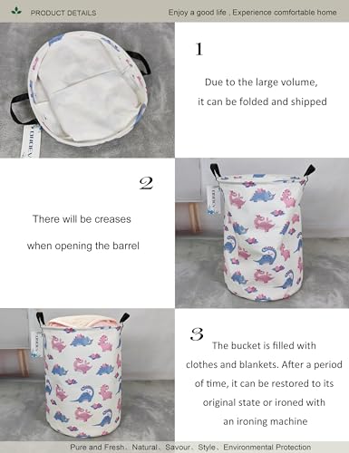 Round waterproof laundry basket,foldable storage basket,laundry Hampers with handle,gift basket,suitable for children's room and toy storage (Pink Dinosaur) - color: Pink Dinosaur
