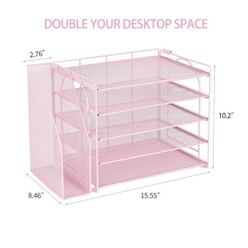 AUPSEN Pink Desk Organizers and Accessories, 5-Tier Desktop Paper File Organizer with Removable File Holder, Desk Accessories & Workspace Organization for Home Office Supplies (Pink) - color: Pink