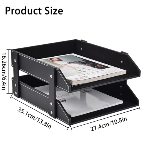 Leather Desk Organizer,2-Tier Stackable Letter Tray Holder,Office Supplies Desktop Storage Box for Document,Stationery,Magazines,Newspapers,Letters and Other Home Office Paper Sundries,Black - color: Black